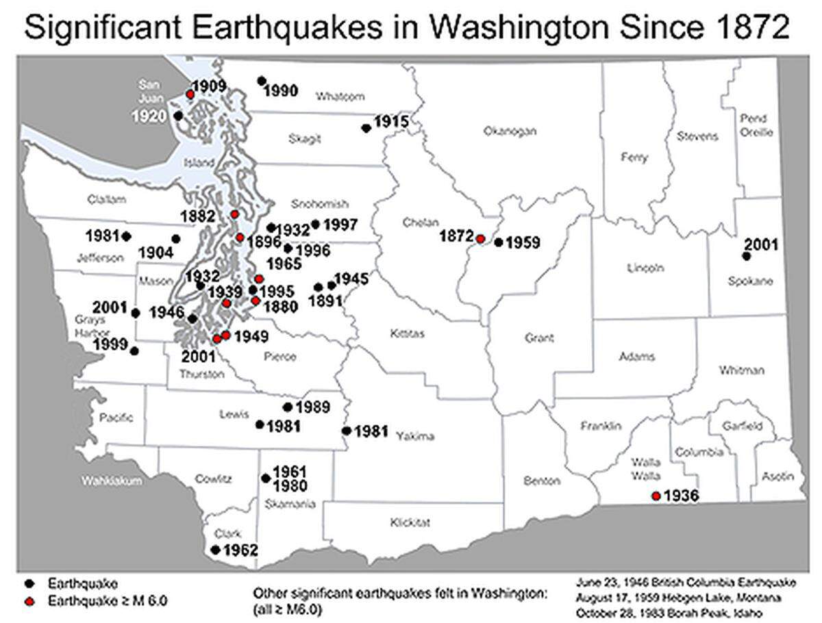 A map shows significant earthquakes in Washington since 1872.
