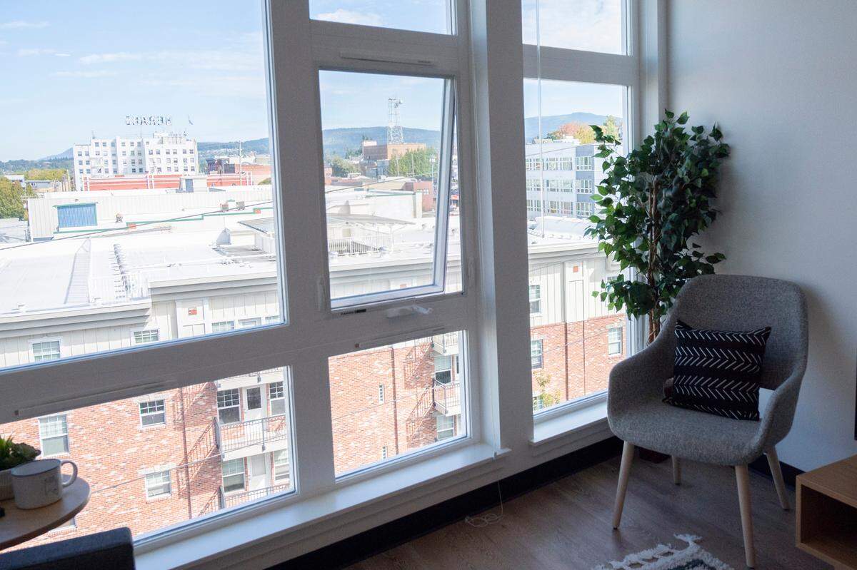 The Bellingham skyline is visible from the living room of a 5-bedroom unit in the Stateside building on Tuesday, Sept. 21, in Bellingham.