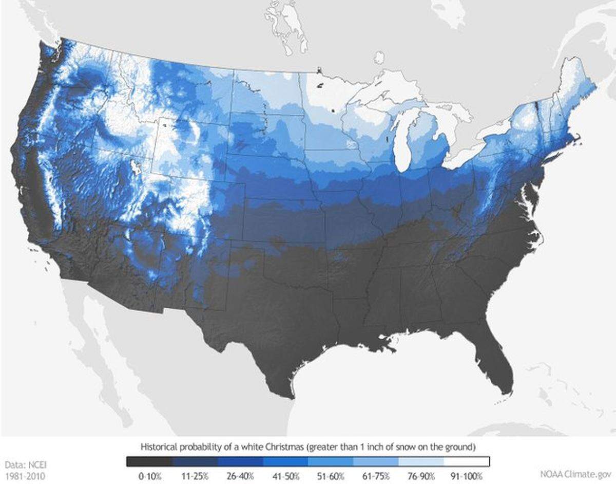 NOAA’s map shows the historic chances of having snow for Christmas. The darker the image, the less likely the area will see snow.