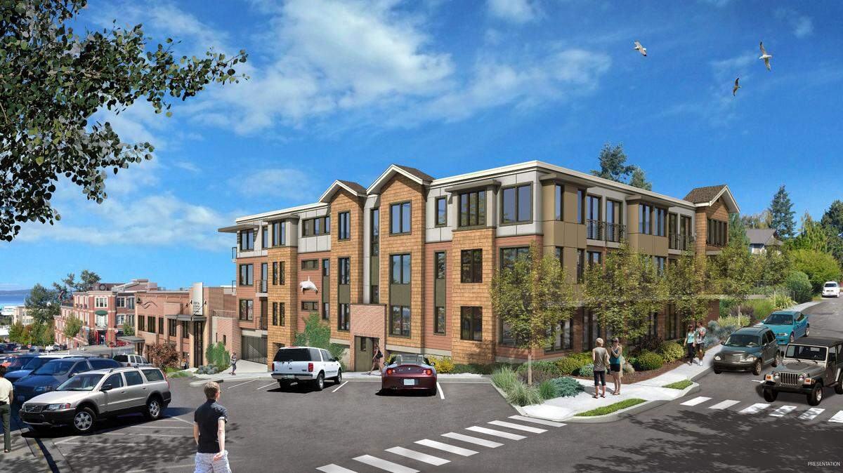An architectural rendering shows a proposed 28-unit, multi-family building on the corner of 13th Street and Mill Avenue in Fairhaven.  The design will be reviewed at an upcoming Bellingham Historic Preservation Commission pubic meeting.