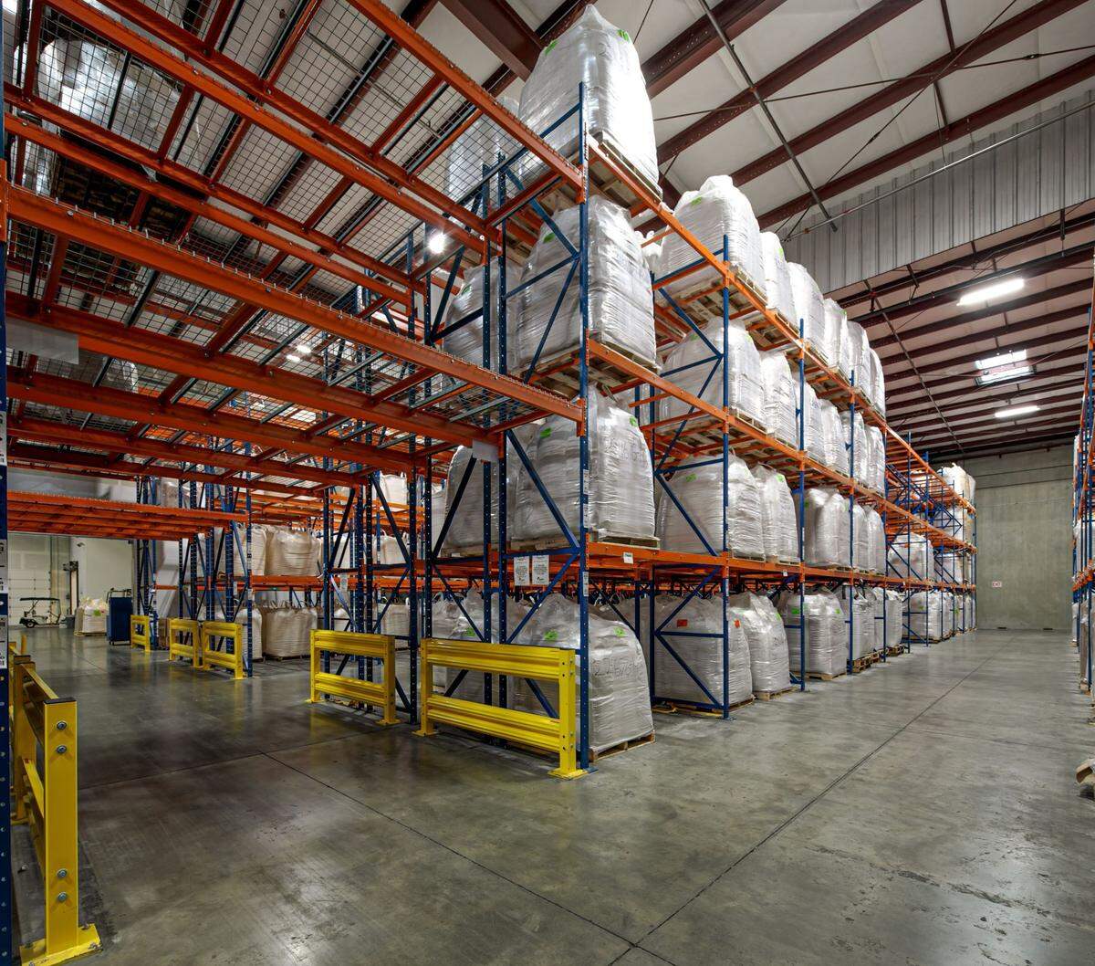 Bellingham Cold Storage racked building with stacked product stored at various levels in August 2020 in Bellingham, Wash.