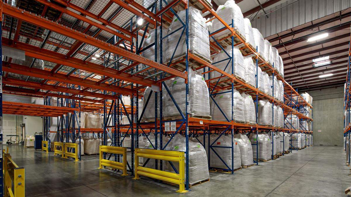 Bellingham Cold Storage racked building with stacked product stored at various levels in August 2020. The business is opening new cold and dry storage facilities in Burlington June 1.