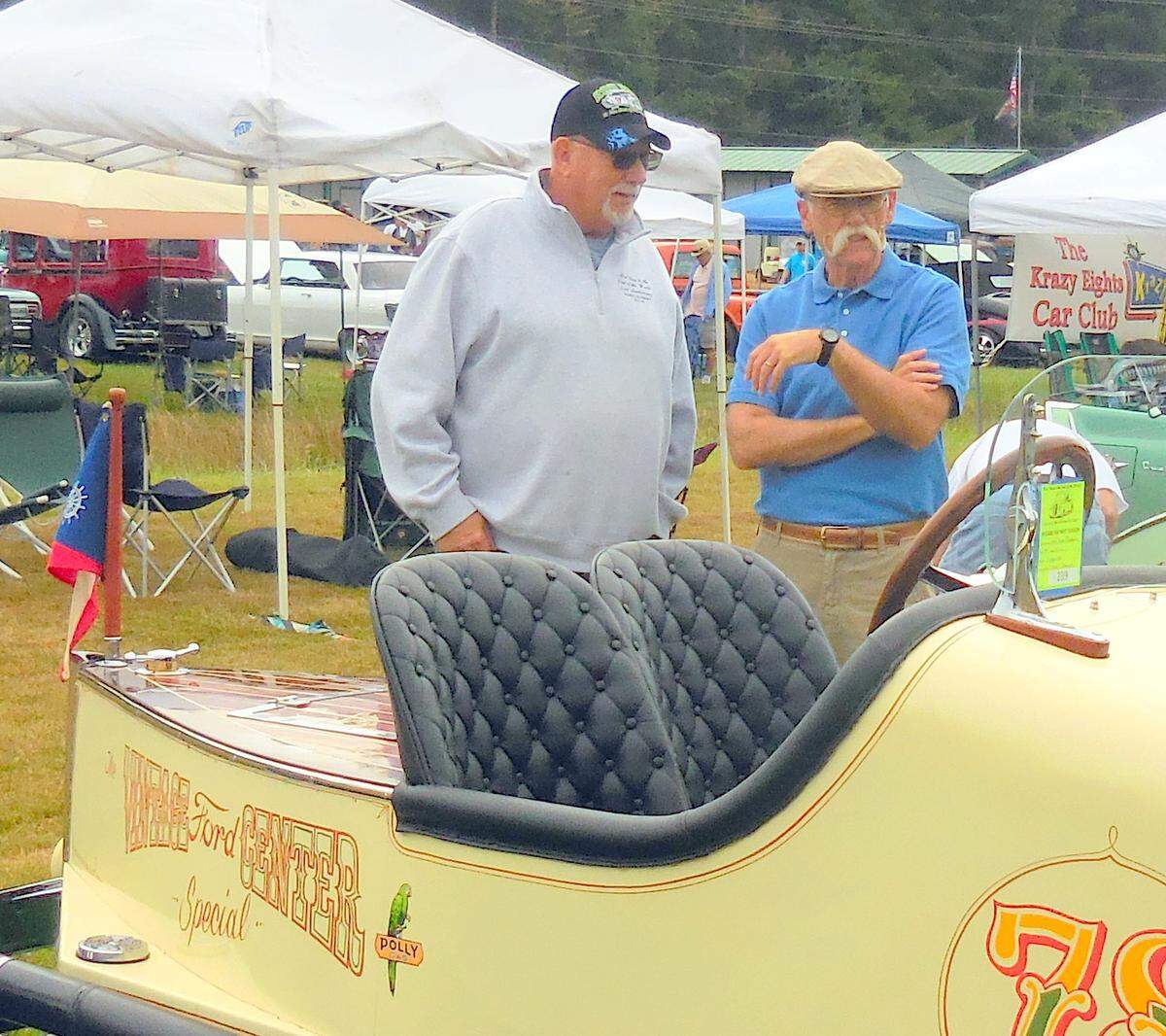 Bellingham car collector Norm Chamberlin, left, talks with Dennis Gabe about his 1921 Ford Model T Speedster at the Rod Run to the End of the World car show in Ocean Park last September. Chamberlin and his car will be profiled by Gage on "My Classic Car," which debuts Saturday on Vintage.