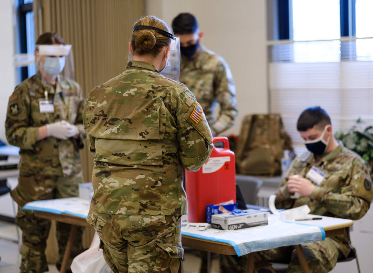 Washington National Guard members provide COVID-19 vaccinations at a mobile clinic that visited independent and senior living communities in Bellingham the week of March 8 and continues with clinics at Bellingham Housing Authority properties the week of March 15. The Washington State Department of Health, the Washington National Guard, and Whatcom County Health Department partnered to bring the mobile vaccination team to Whatcom County, focusing on high-risk individuals with difficulty accessing other vaccine providers.