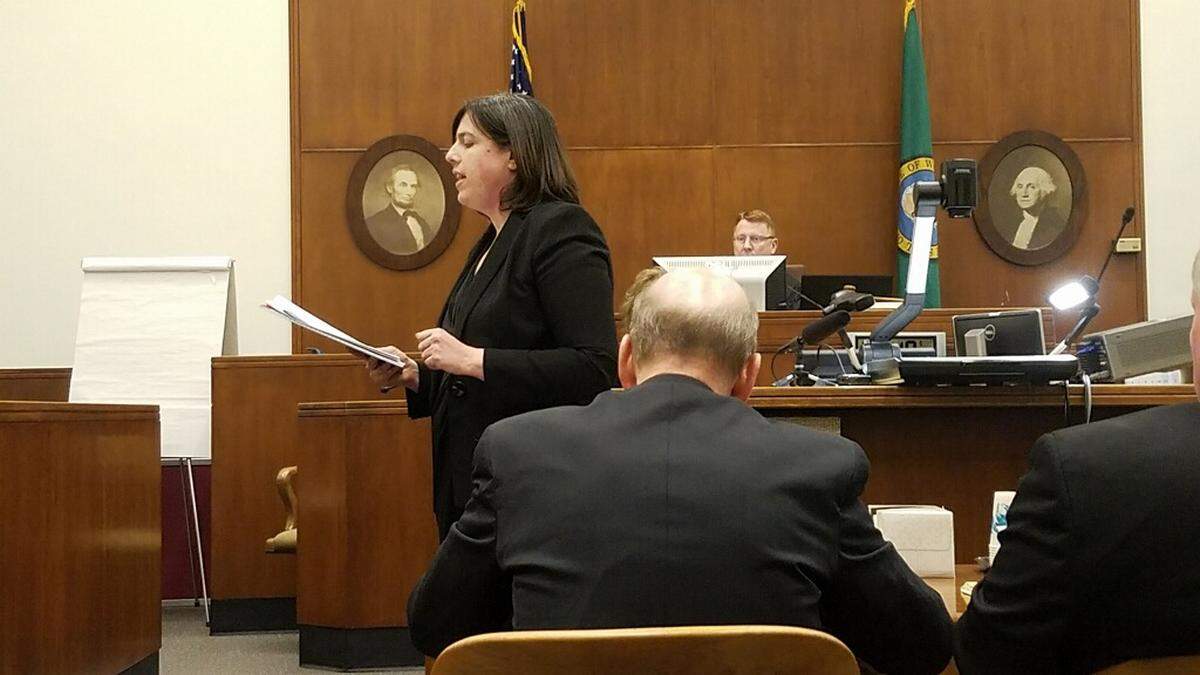 Whatcom County Public Defender Shoshana Paige delivers the defense’s closing statement in the first-degree murder trial of Timothy Bass Wednesday in Whatcom County Superior Court.