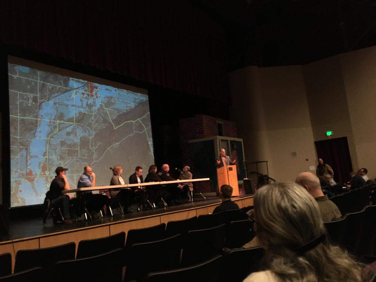 Jon Hutchings, director of the Whatcom County Public Works Department, speaks during a post-storm community meeting with Whatcom County officials Saturday at Nooksack Valley High School.