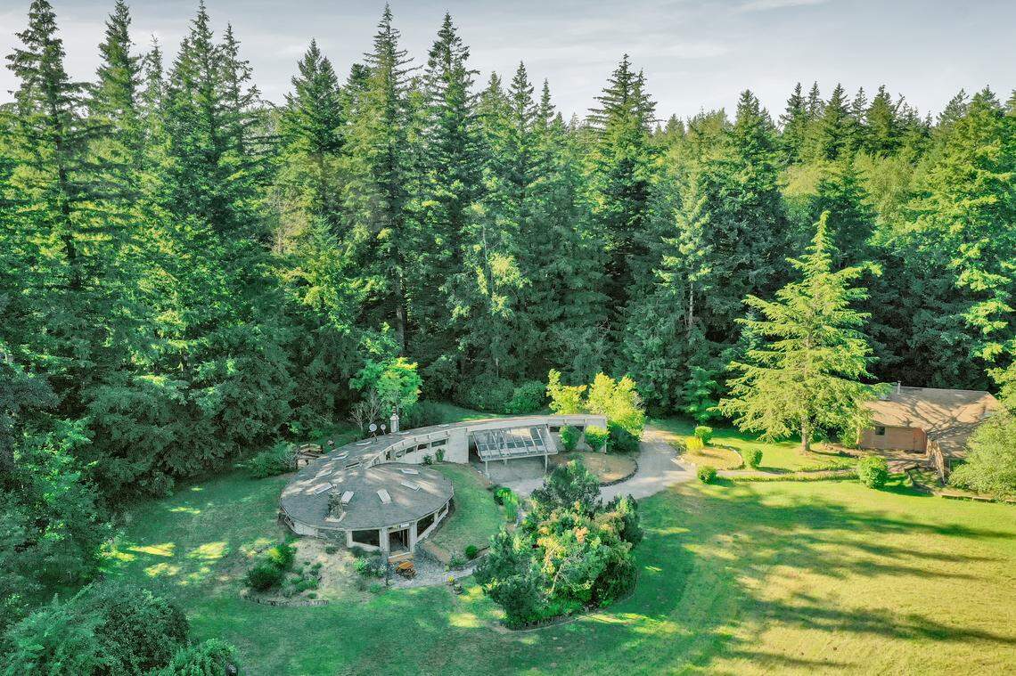 An aerial view shows the unique shape of the historic home at 2351 E. Pole Road near Everson.