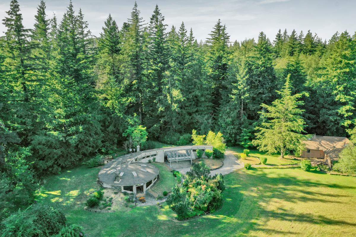 An aerial view shows the unique shape of the historic home at 2351 E. Pole Road near Everson.