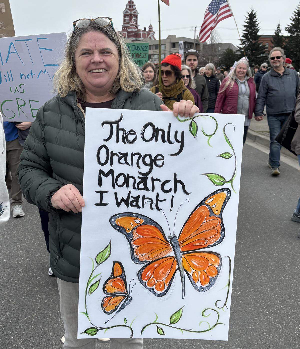 Mary O’Flynn at Bellingham’s No Kings rally March 28, 2026.