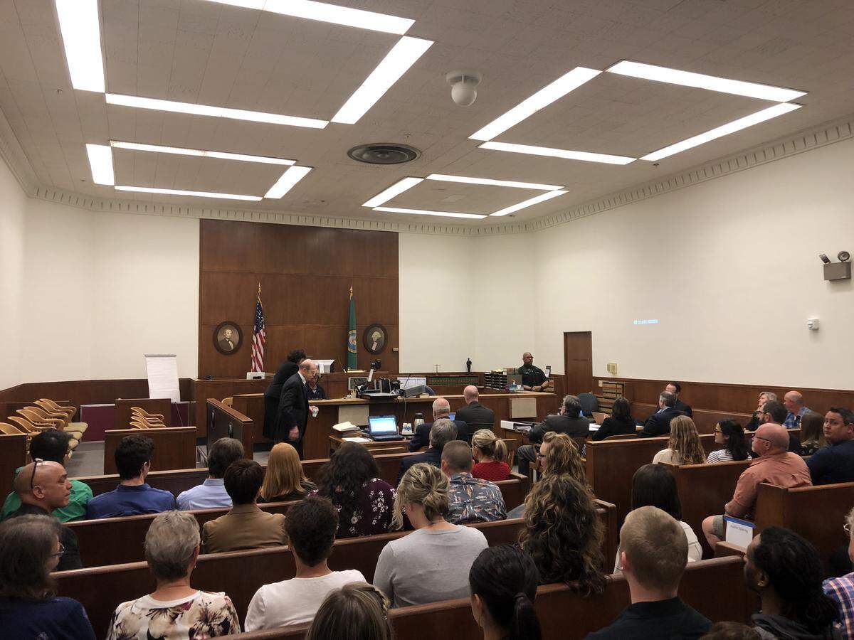 Judge Rob Olson’s Whatcom County Superior Courtroom fills before opening statements, Friday, May 10, in Timothy Bass’ first-degree murder trial. Timothy Forrest Bass, of Everson, is accused in the 1989 alleged abduction, rape and murder of 18-year-old Amanda “Mandy” Stavik of the Acme area.