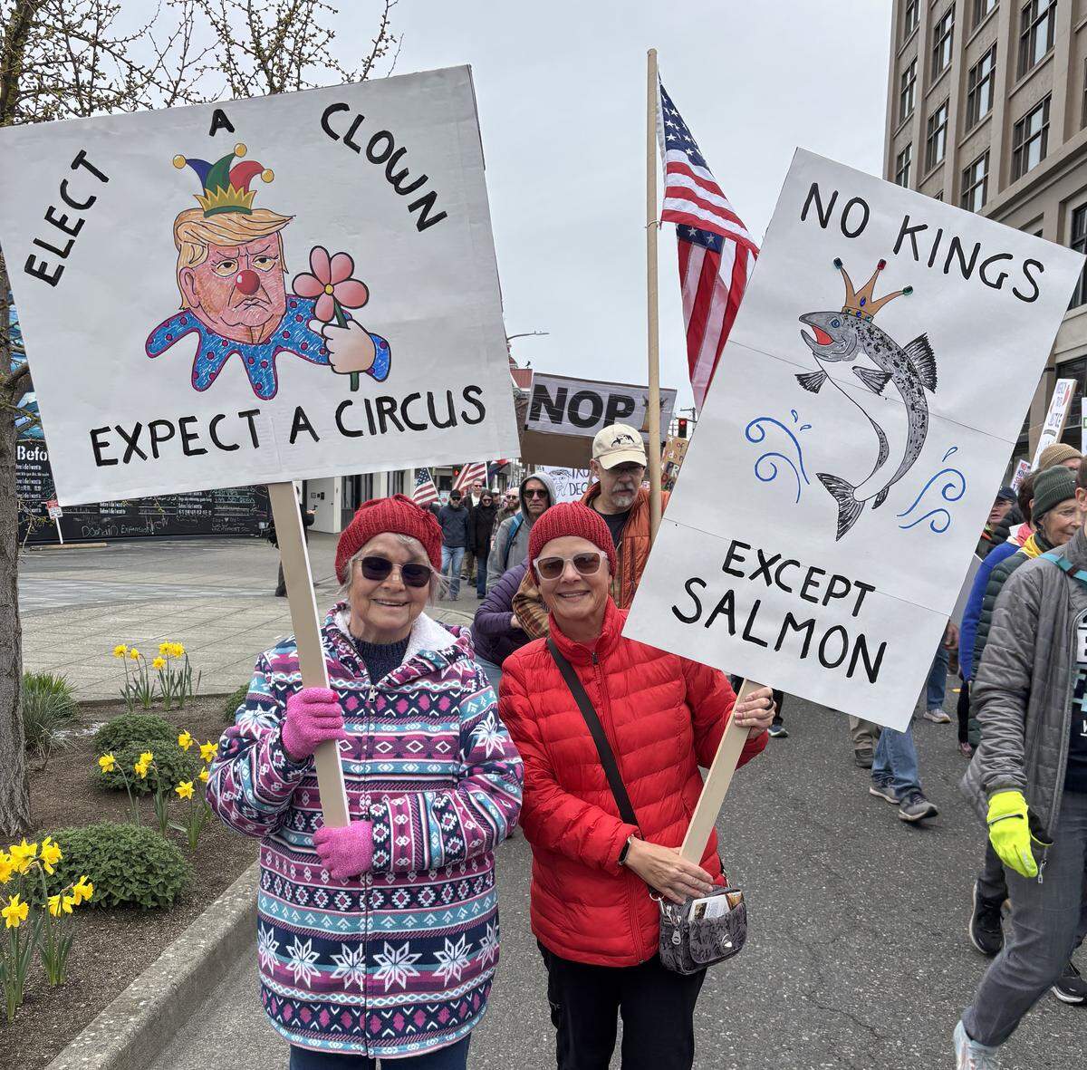 Jeri Nelson, left, and Tina Kure at Bellingham’s No Kings rally March 28, 2026.