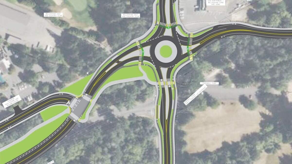 A drawing shows the proposed design of a roundabout to replace traffic signals at the Meridian Street-Birchwood Avenue-Squalicum Parkway intersection.