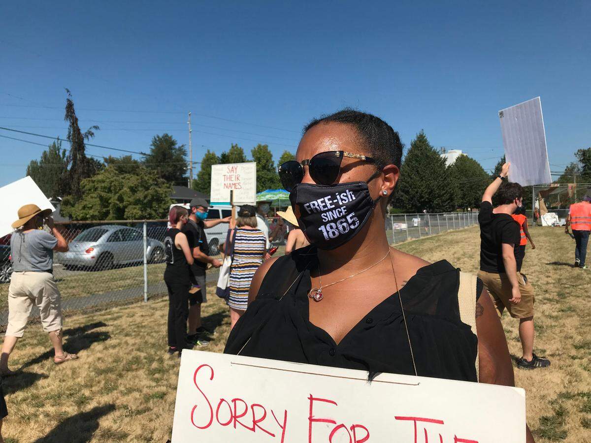 Kristina Michele Martens, who is running for Bellingham City Council, attends a social justice march and rally in Lynden on Aug. 15.
