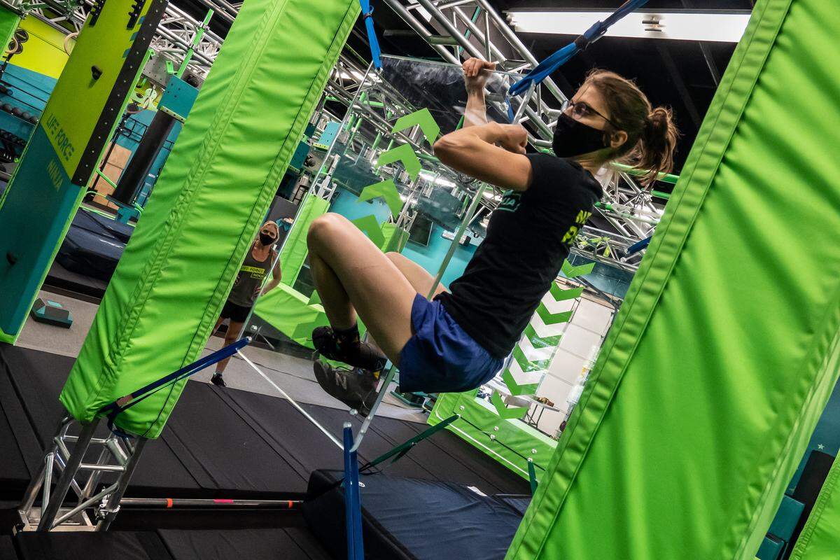 Becca Margulies, co-owner of Life Force Ninja, works out at her facility in north Bellingham Thursday, July 30. Along with requiring masks, the company has new rules to follow, including allowing only five customers in the facility at a time.