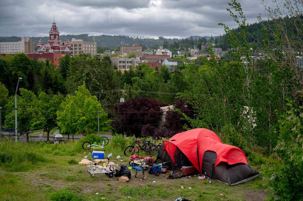 A homeless person’s tent near downtown Bellingham in 2021.