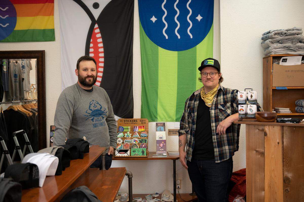 Kevin Misiuda, left, and Bradley Lockhart are aiming for a Monday, June 14, opening of their Northwest Corner Goods in the Hotel Leo building at 1230 Cornwall Ave. in Bellingham.