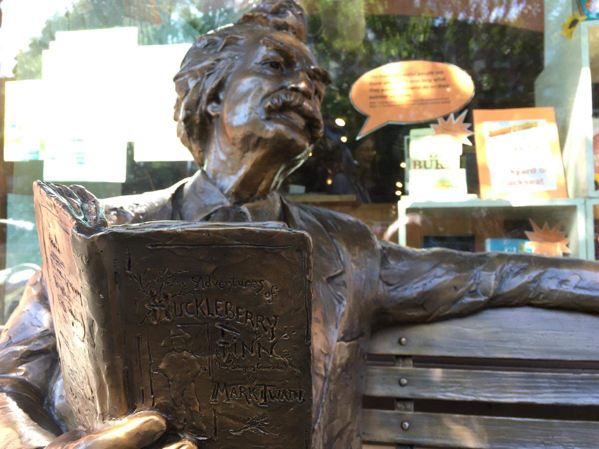 A sculpture of celebrated American writer Mark Twain is outside Village Books in Fairhaven.