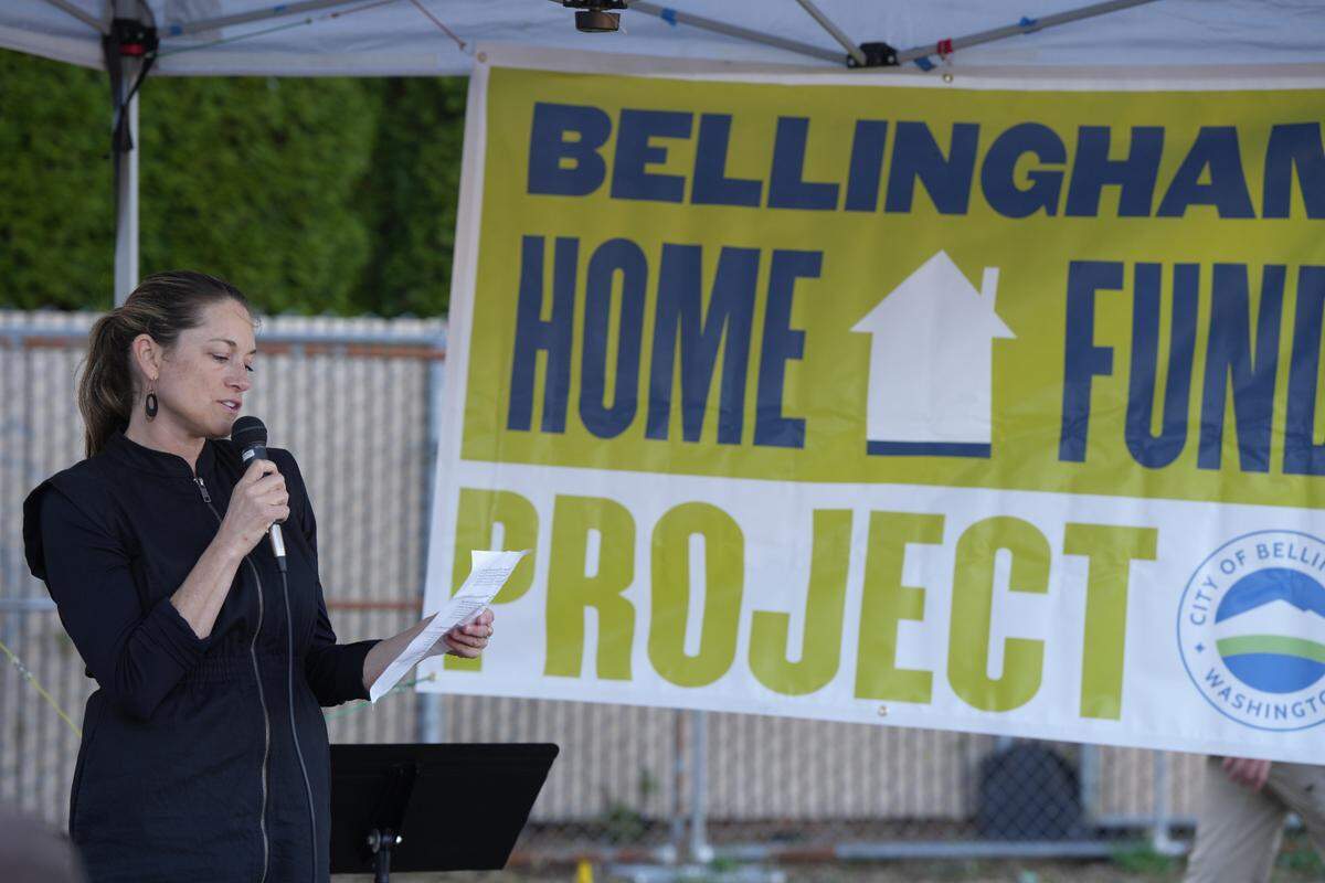Kulshan Community Land Trust Executive Director Rose Lathrop speaks at the groundbreaking of LaFreniere Court.
