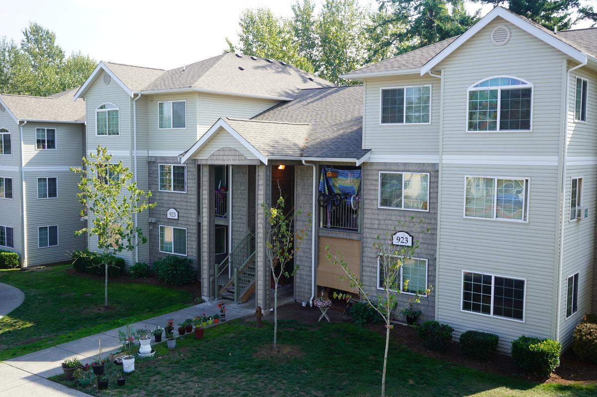 A view from a building at the Meadow Wood Townhomes shows other units in the complex occupied and decorated on Sept. 22, in Bellingham, Washington.