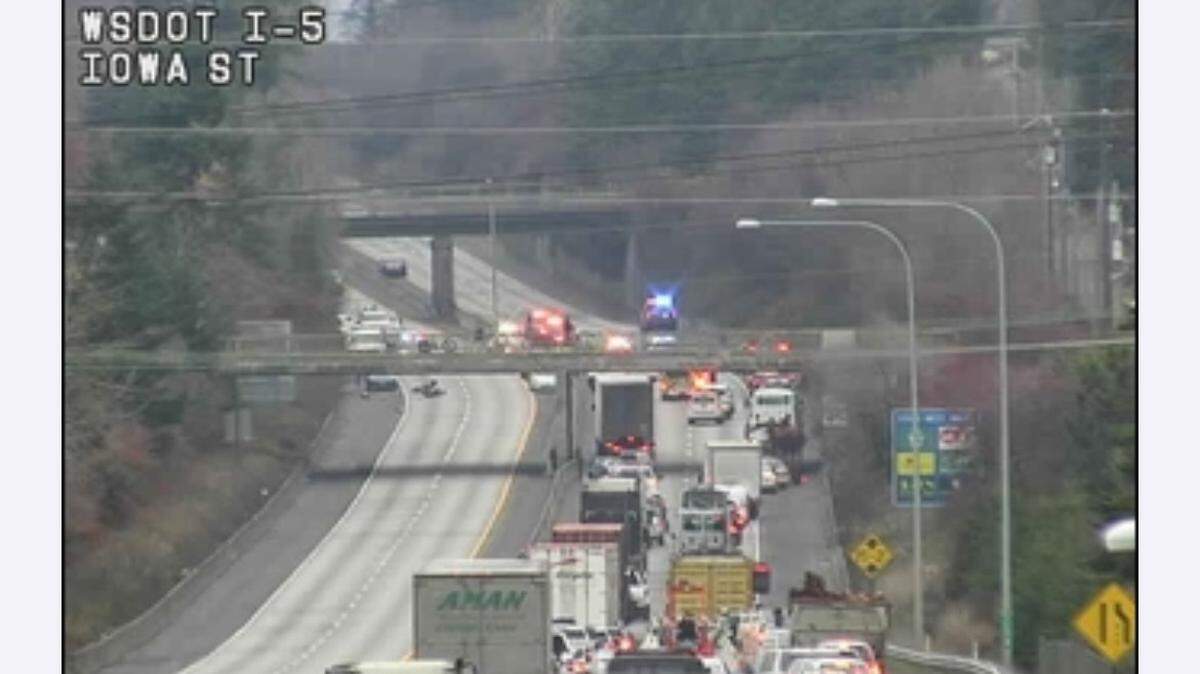A Washington State Department of Transportation traffic camera shows traffic backed up and emergency crews at the scene of Wednesday’s crash.