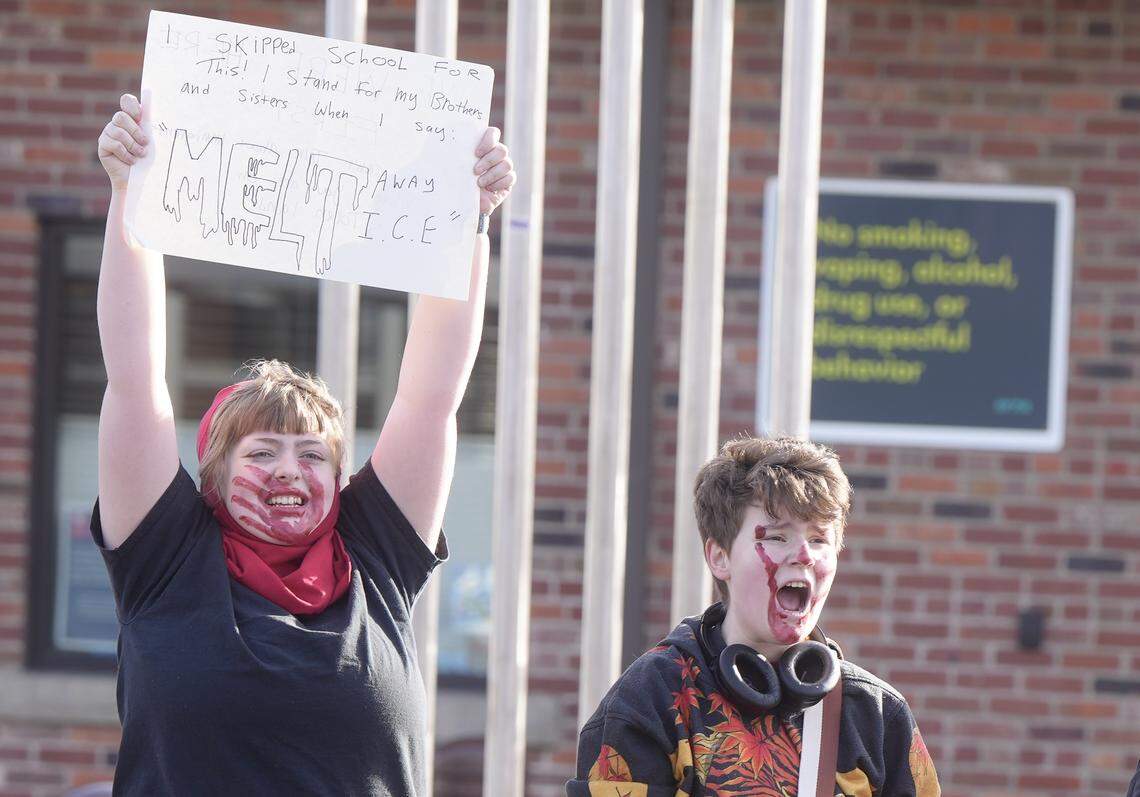 Samantha Branham (left) and Adrian Ruben participated in a student walkout demonstration on January 29, 2026, in Bellingham, Wash., to protest U.S. Customs and Immigration Enforcement (ICE) raids and civilian killings across the country.