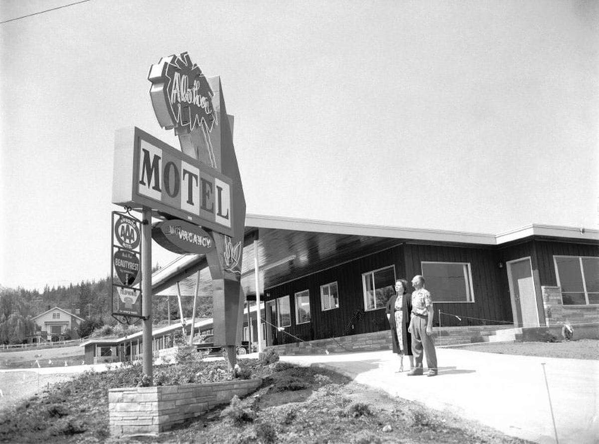 An undated historic photo of the neon Aloha Motel sign shows it installed in front of the motel in Bellingham, Wash. The site is now home to the Samish Commons affordable housing project, which will incorporate the historic, refurbished neon sign.