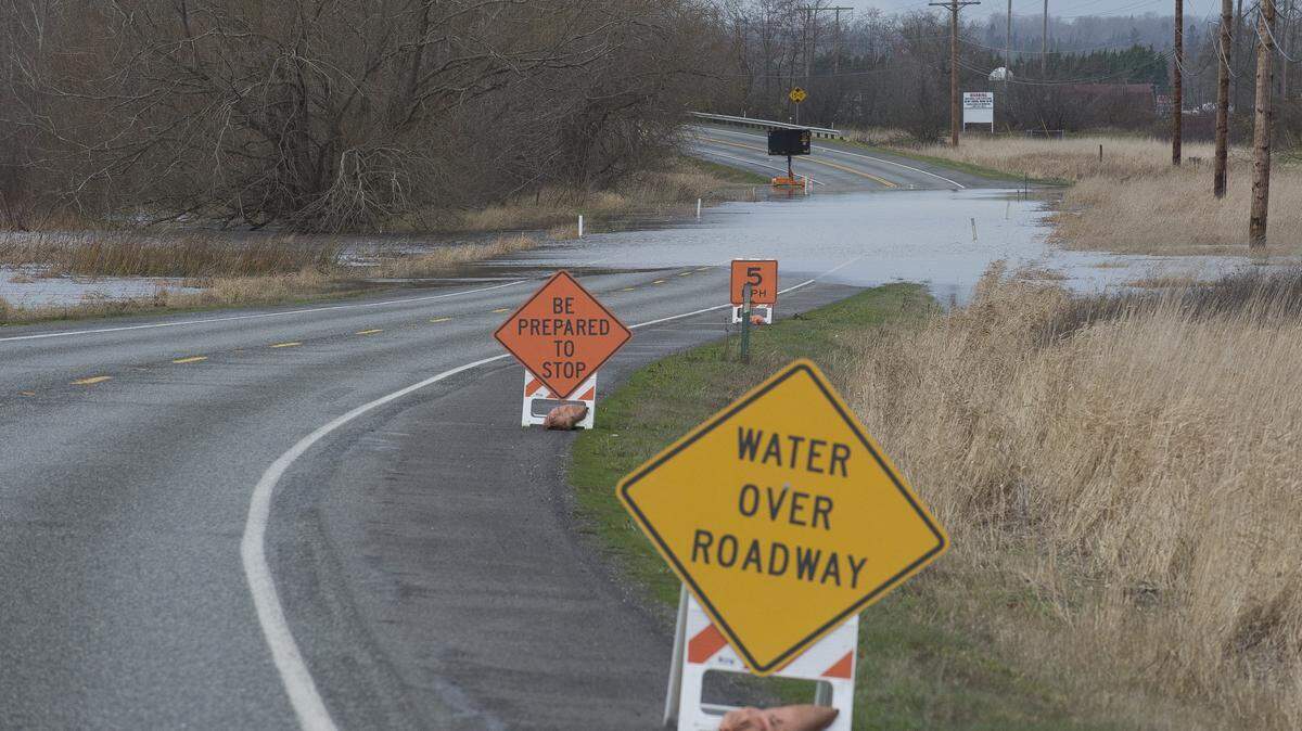 Flood water in 2017 covers a portion of Slater Road in Ferndale. Slater Road from the railroad tracks near the Ferndale city limits to Ferndale Road was closed Wednesday morning by Whatcom County Public Works because of water over the roadway east of the Nooksack River.