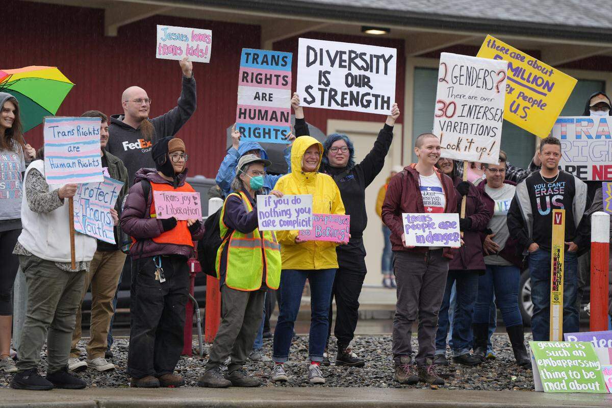 Demonstrators gathered outside the Lynden Public Schools District Board meeting on Thursday, May 15, 2025, in Lynden.