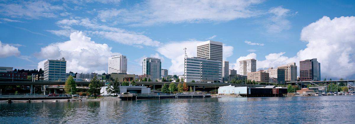 “Downtown Tacoma, Washington viewed from the Thea Foss Waterway. This is a summertime view from a small craft taken to the northwest. 6x17 cm color negative film.”