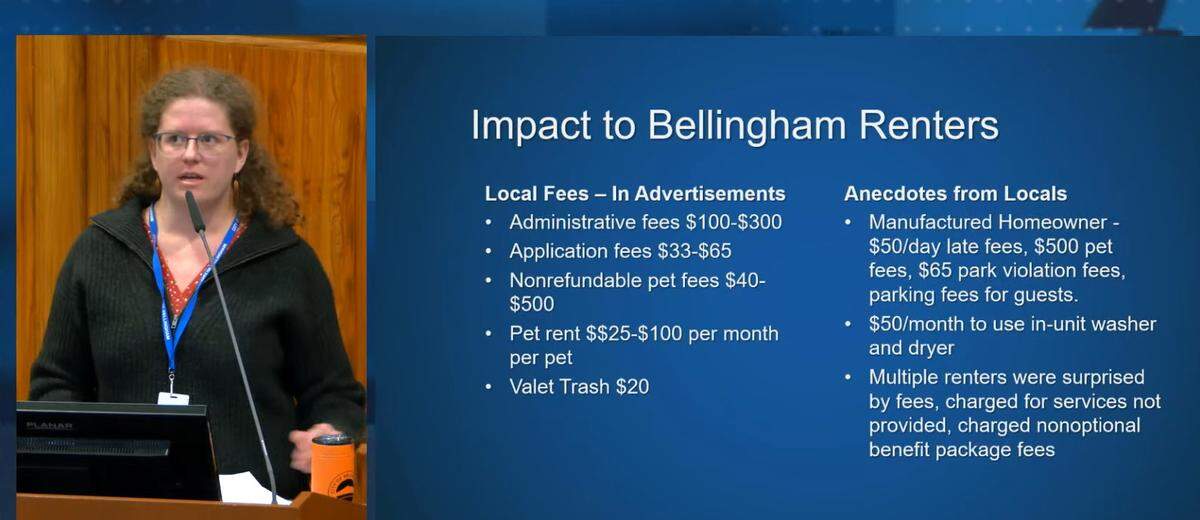 In a screenshot from a YouTube streaming feed, Iris Nott, legislative policy analyst for the city of Bellingham, discusses her findings about rental “junk fees” the the City Council’s Committee of the Whole on Monday, Sept. 30, 2024.
