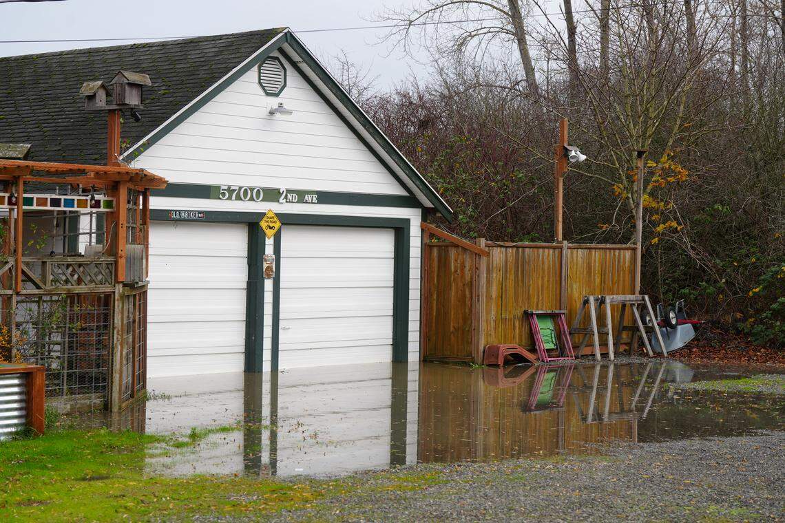 The garage of a residential home was inundated with water on December 11, 2025, as the Nooksack River swelled and overflowed its banks in Ferndale, Wash.