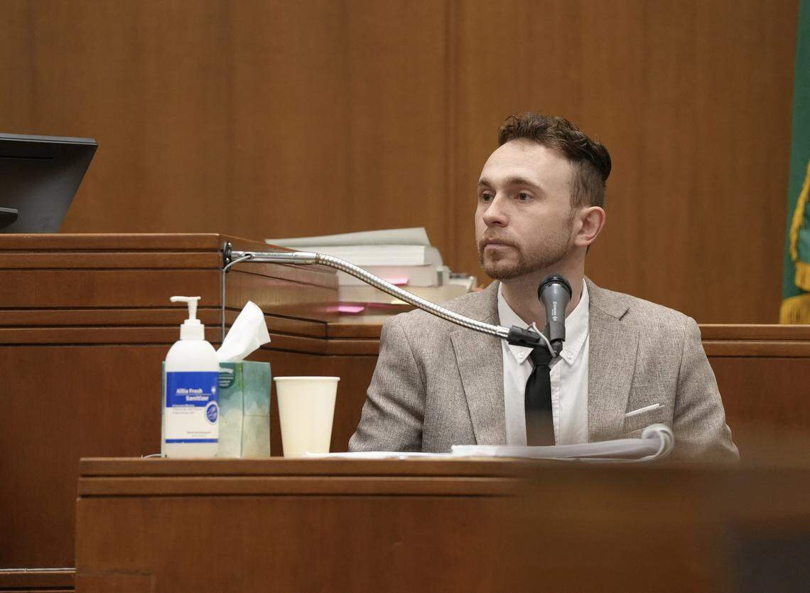 Alexander Vanags testifies during his second trial in Whatcom County Superior Court in April 2025.