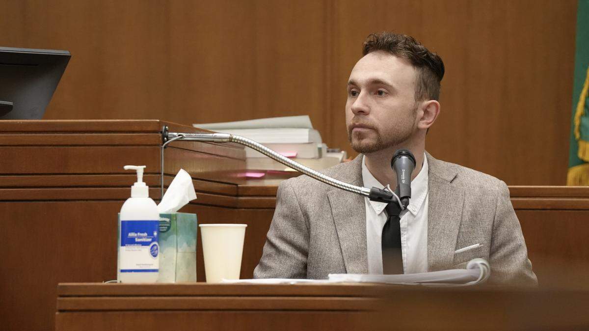 Alexander Vanags of Arlington testifies in Whatcom County Superior Court on April 9.