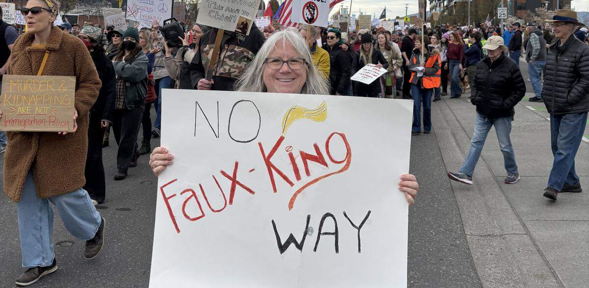 Hillary Hutchison at Bellingham’s No Kings rally March 28, 2026.