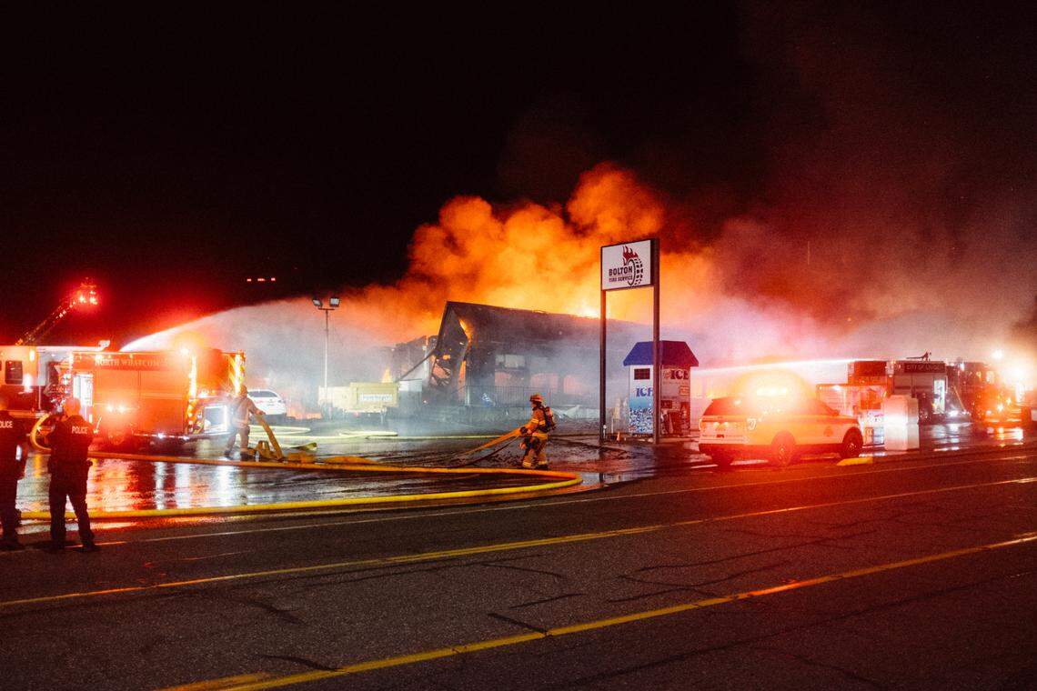 Fire burns early Sunday, July 17, at Bolton Tire Pros at 8165 Guide Meridian Road, Lynden.