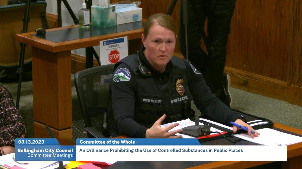 In a screen grab from video, Bellingham Police Chief Rebecca Mertzig discusses an ordinance to criminalize public use of non-prescription drugs during a meeting of the City Council’s Committee of the Whole on March 13, 2023, at City Hall in Bellingham, Wash.