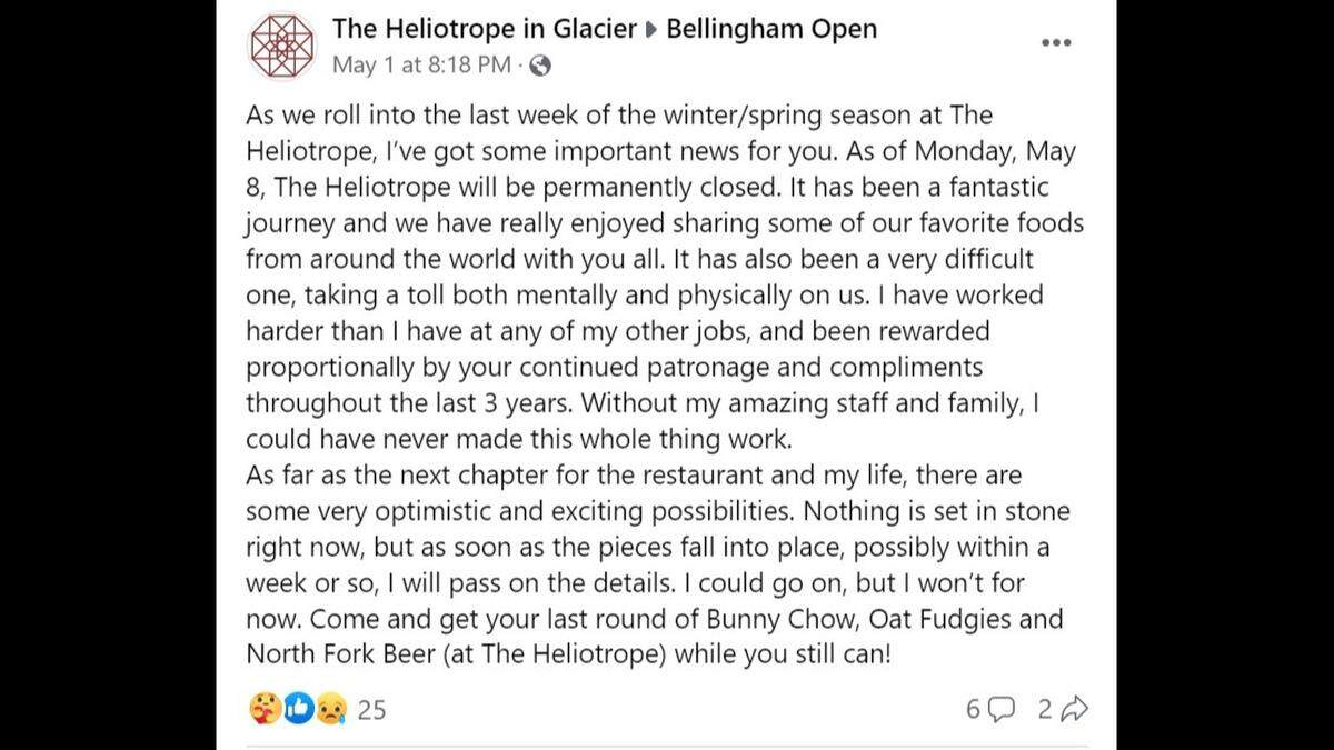 Screenshot of a Heliotrope restaurant Facebook post on May 1, 2023.