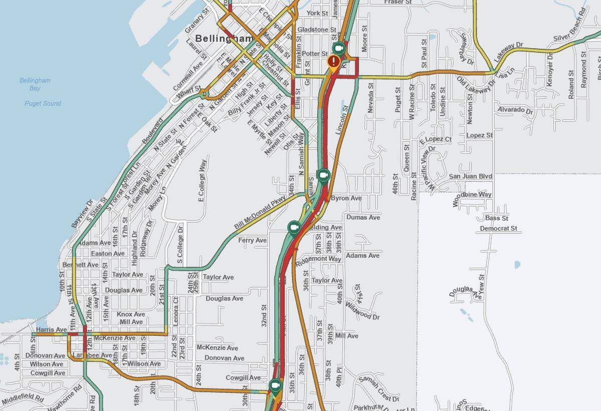 A Washington State Department of Transportation map shows traffic is heavy along I-5 through Bellingham on Wednesday afternoon after a collision involving a semi-truck near Lakeway Drive.