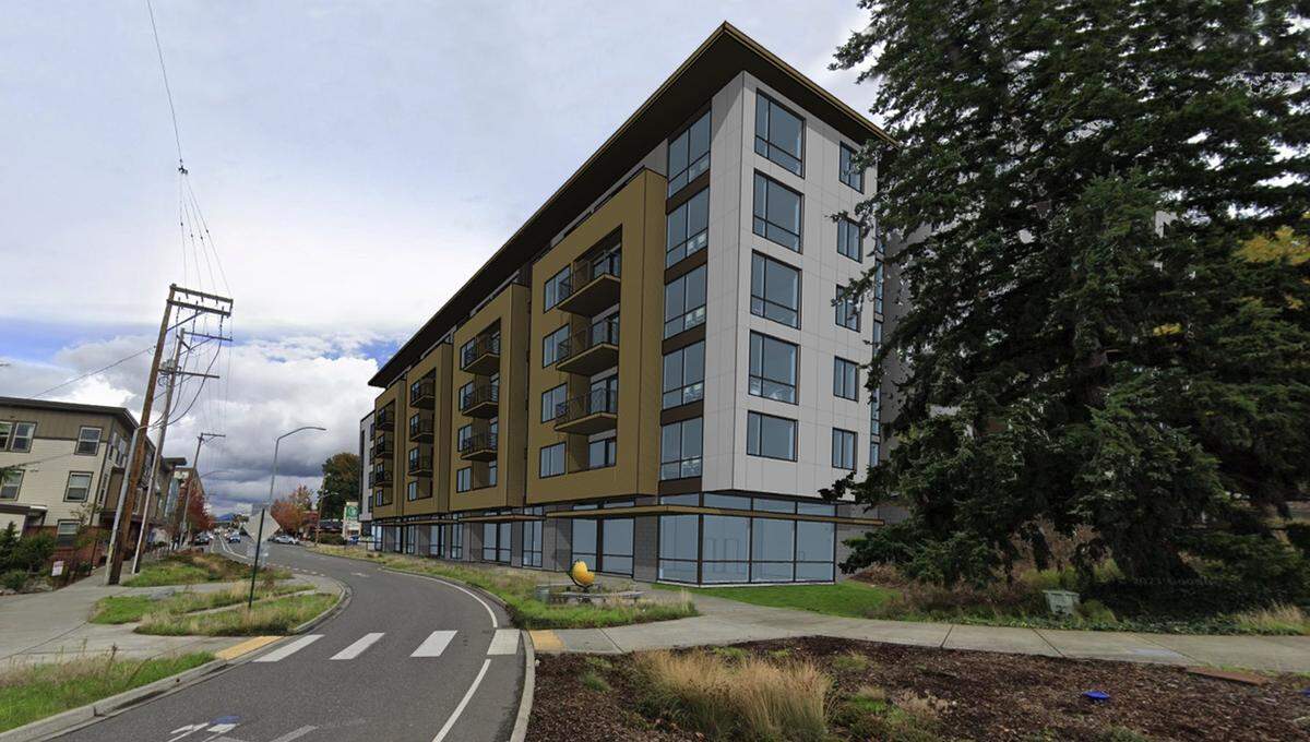 A rendering shows the planned State Street Creamery housing project at 820 N State St. in Bellingham.