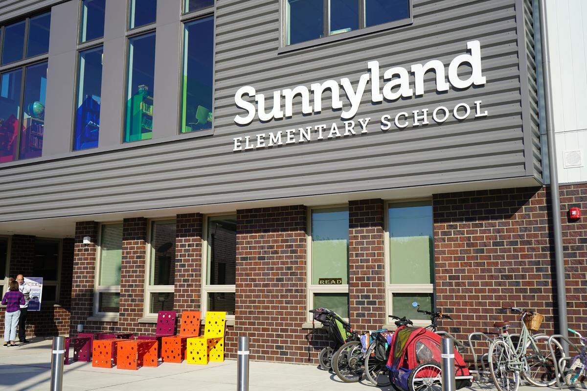 Bikes sit in front of Sunnyland Elementary School at a public open house for the new school Thursday, Sept. 22, in Bellingham.