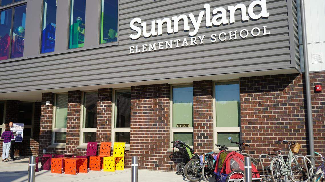 Bikes sit in front of Sunnyland Elementary School at a public open house for the new school Thursday, Sept. 22, 2022, in Bellingham Wash.