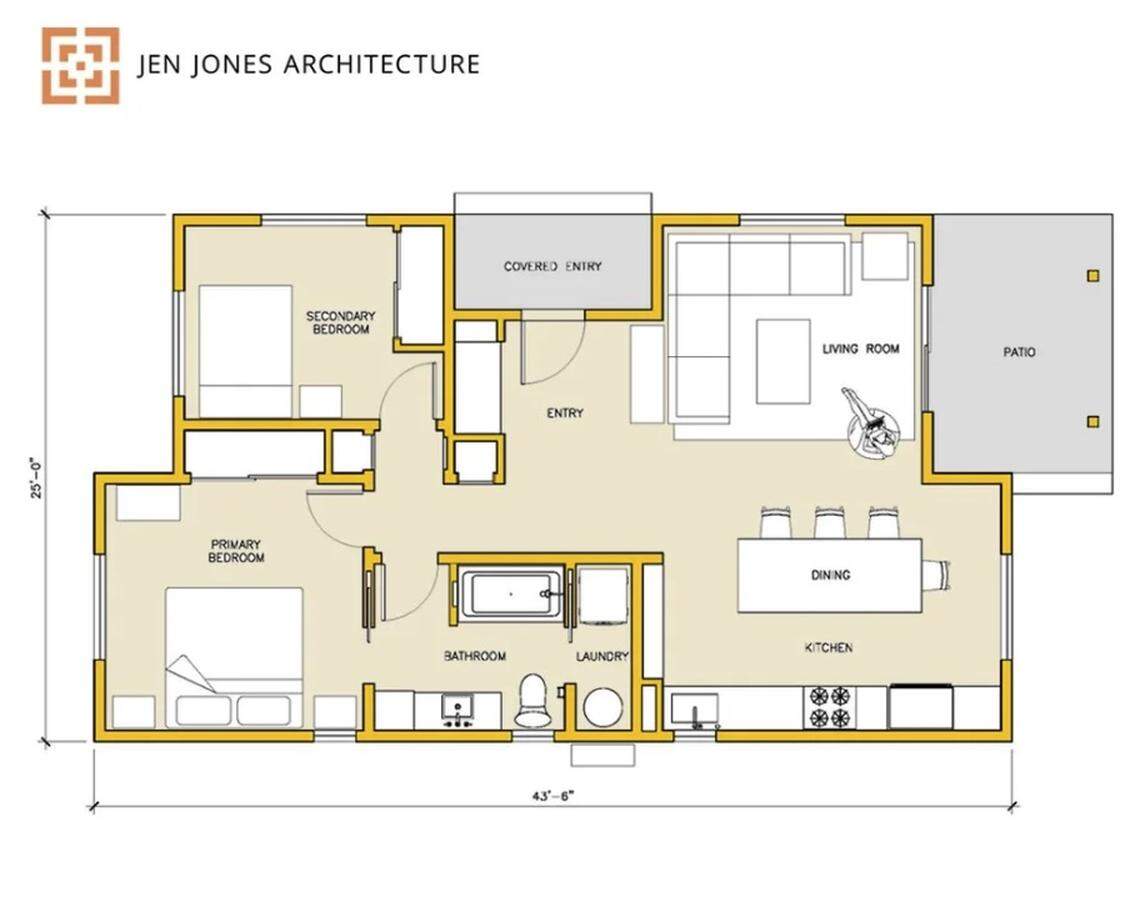 An aerial view shows the floor plan of the Lumen ADU.