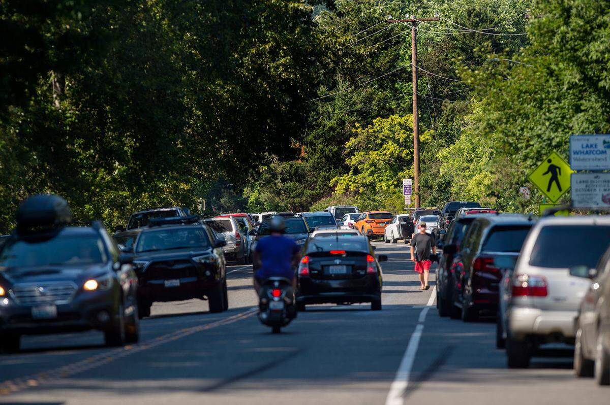 Traffic packs Electric Avenue near Bloedel Donovan Park on Sunday afternoon June 27, 2021, in Bellingham, Wash., as people sought to beat the heat in Lake Whatcom.
