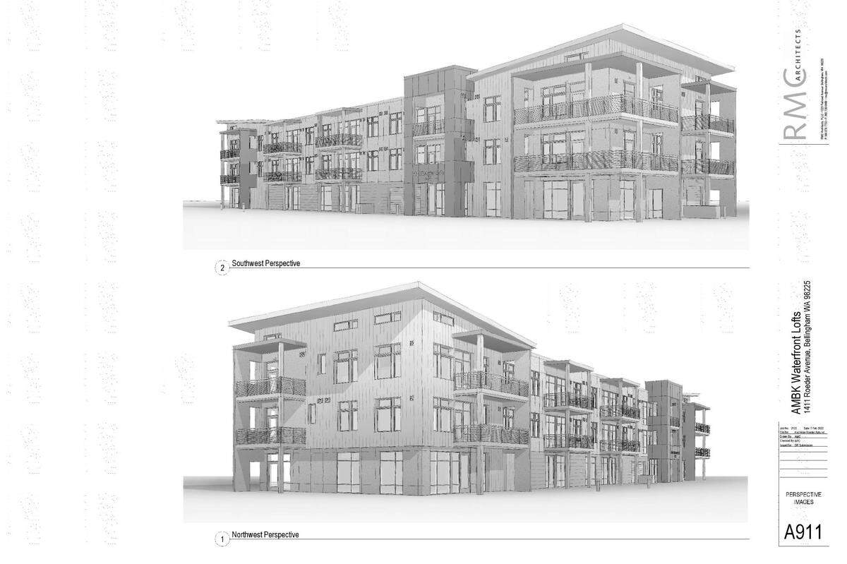 An RMC Architects’ rendering of the building at 1411 Roeder Ave. in Bellingham shows the raised roof “prows” that are sparking opposition to the project. Public comment about the project is open for 14 days, starting Friday, March 25.