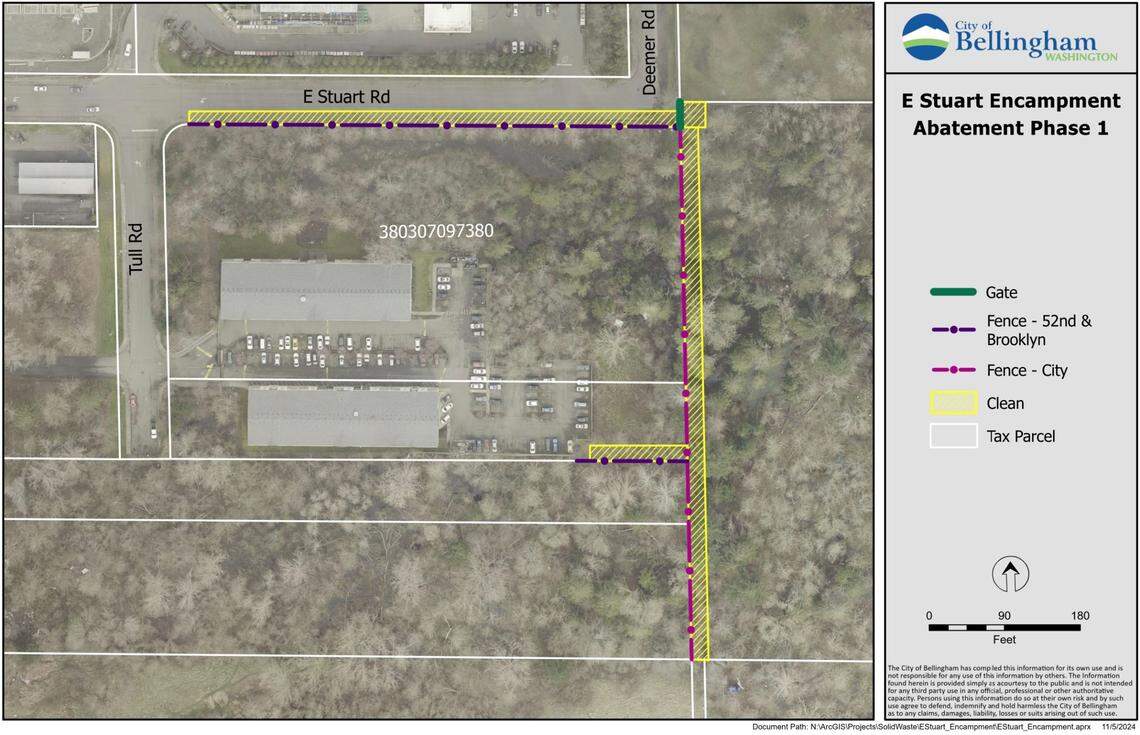 A map provided by the City of Bellingham indicates the area of the encampment that will be cleared first, along the property boundary with the Tullwood Apartments. The clean-up is expected to begin the week of November 18, 2024.