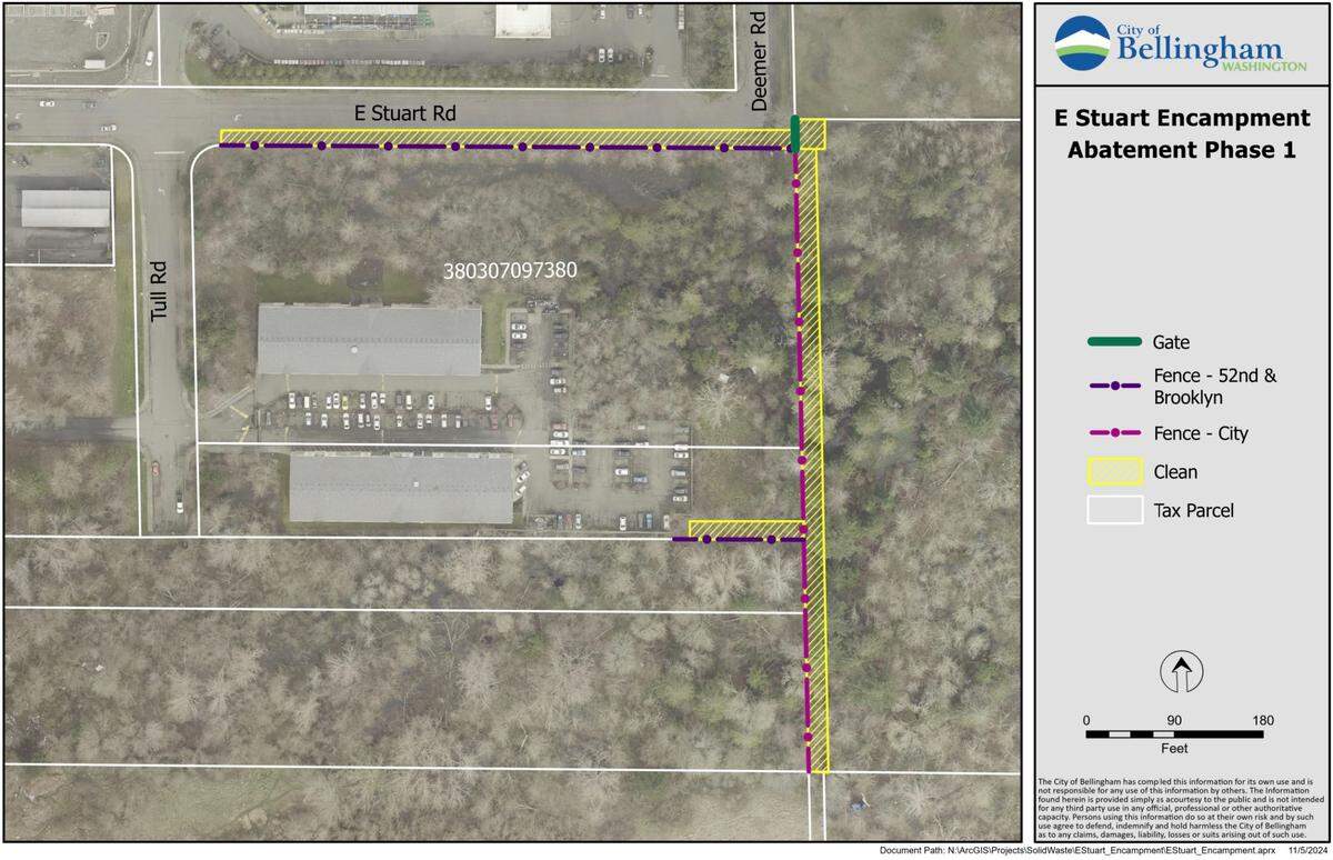 A map provided by the city of Bellingham indicates the area of the encampment that was to be cleared first, along the property boundary with the Tullwood Apartments.