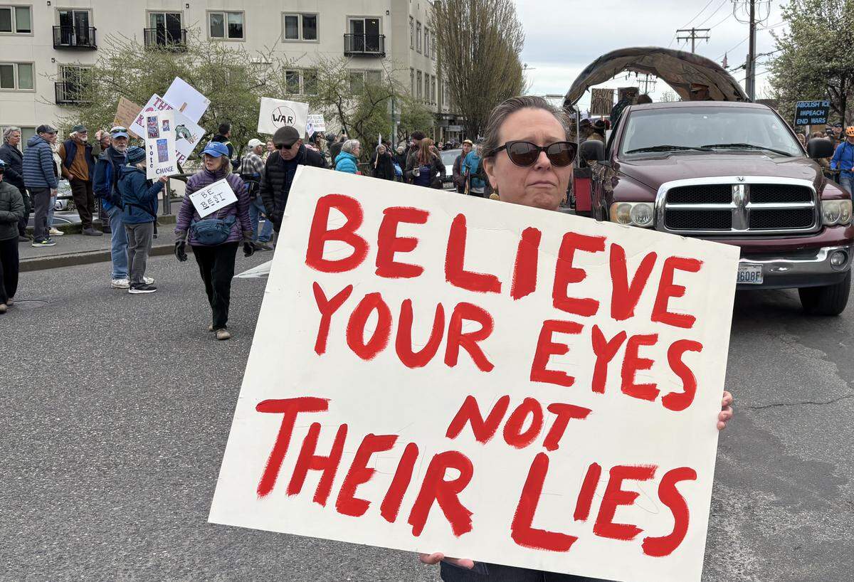 Bonnie Gregory at Bellingham’s No Kings rally March 28, 2026.