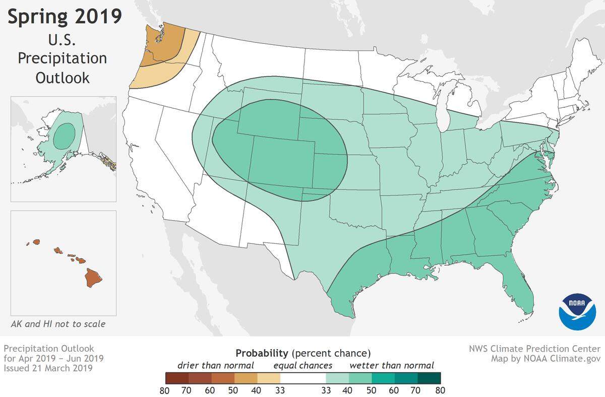 Shades of green and brown show the chances of an unusually wet or dry spring (April-May) in 2019. “Unusually wet or dry” means seasonal average precipitation in the top or bottom third of the climatological record (1981-2010). Darker colors mean higher chances, not how wet or dry the conditions will be.