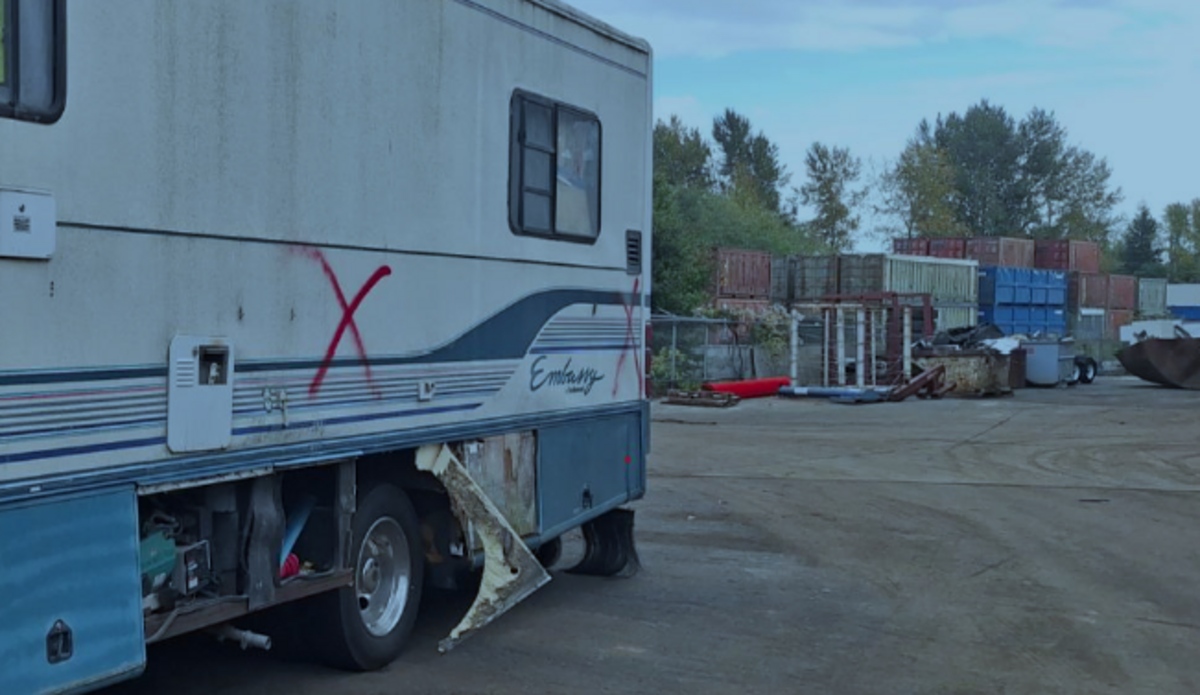 A photo of the exterior of Courtney Blomeen’s RV on Oct. 23, 2023, as published in court records.