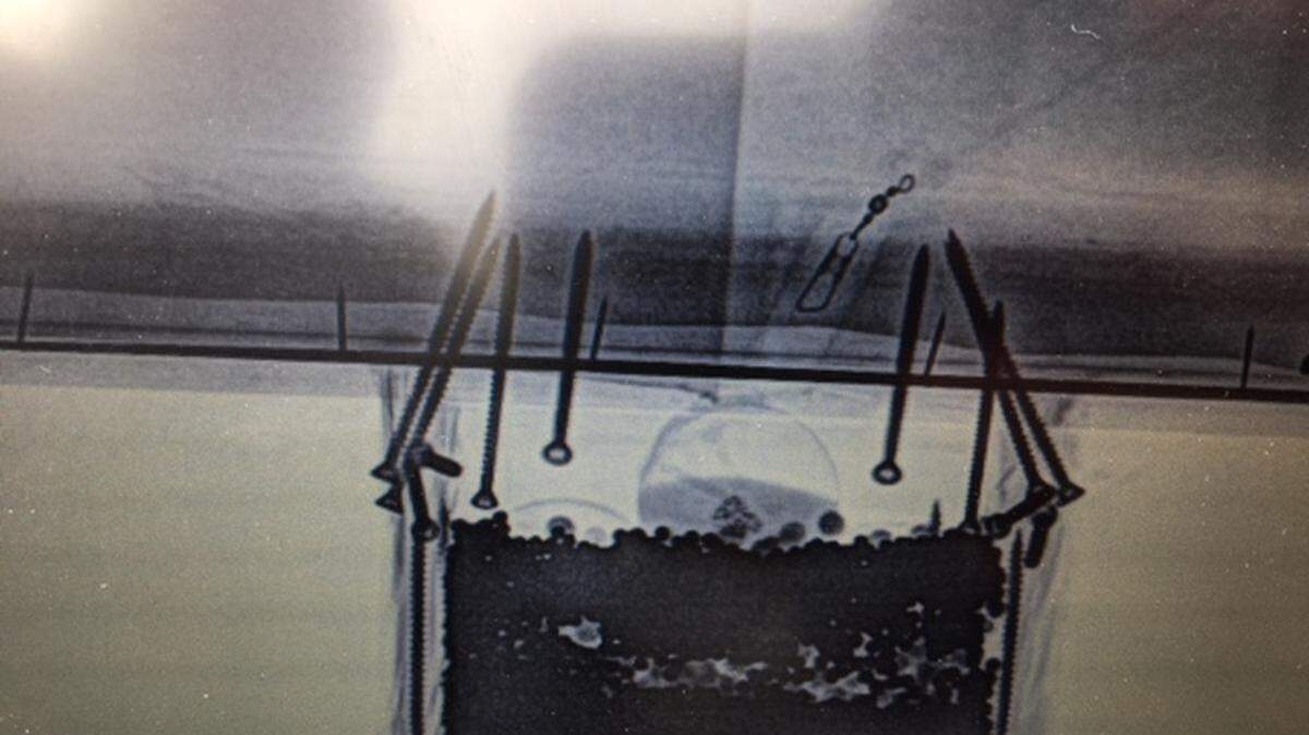 An X-ray image shows a homemade explosive device containing pellets and large screws that was found in an out-building on Cagey Road on the Lummi Reservation. The device was destroyed in place by bomb technicians who were clearing the premises so that it could be safely searched, according to Undersheriff Jeff Parks with the Whatcom County Sheriff’s Office.